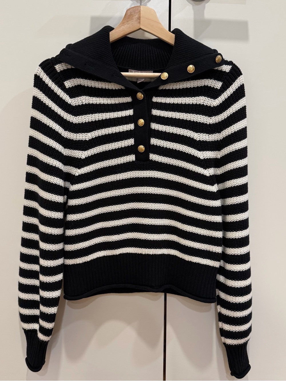J. Crew Black & White Striped Sailor Turtleneck Sweater with Gold Buttons XS
